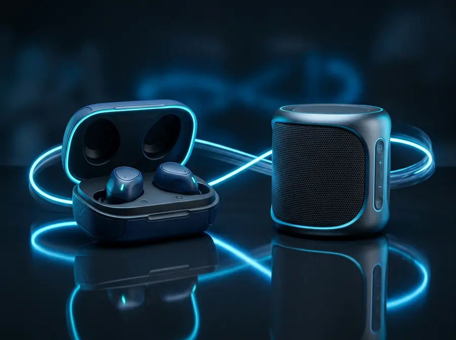 Wireless earbuds and a Bluetooth speaker under blue studio light