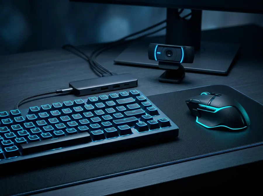 Mechanical keyboard, mouse, USB-C hub and webcam on a dark desk