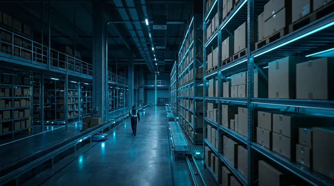 Organised electronics distribution warehouse with blue lighting